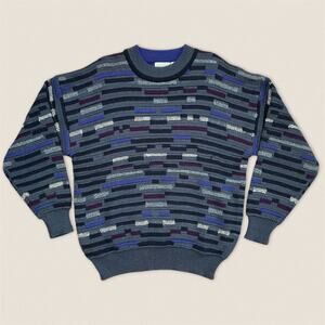 Vintage 90s Blue Gray Striped Wool Blend Funky Grandpa Sweater - Size XL